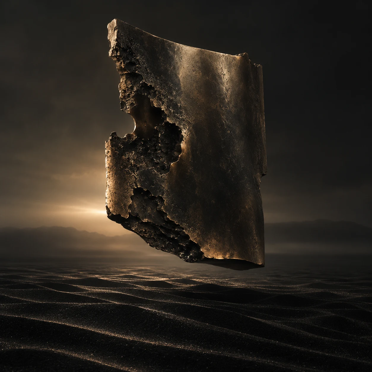 Bronze sculptural form suspended above dark rippled sand