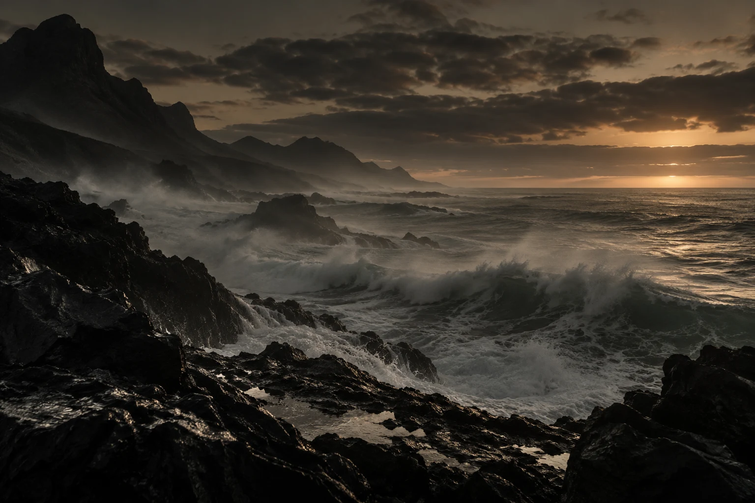 Dark Atlantic waves meeting a rocky coast beneath a dusk sky