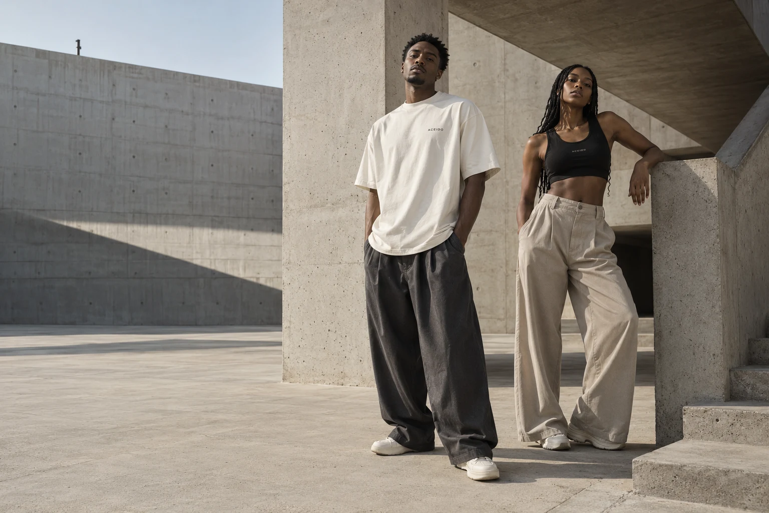 Two models wearing neutral ACEIDO streetwear in sunlit concrete architecture